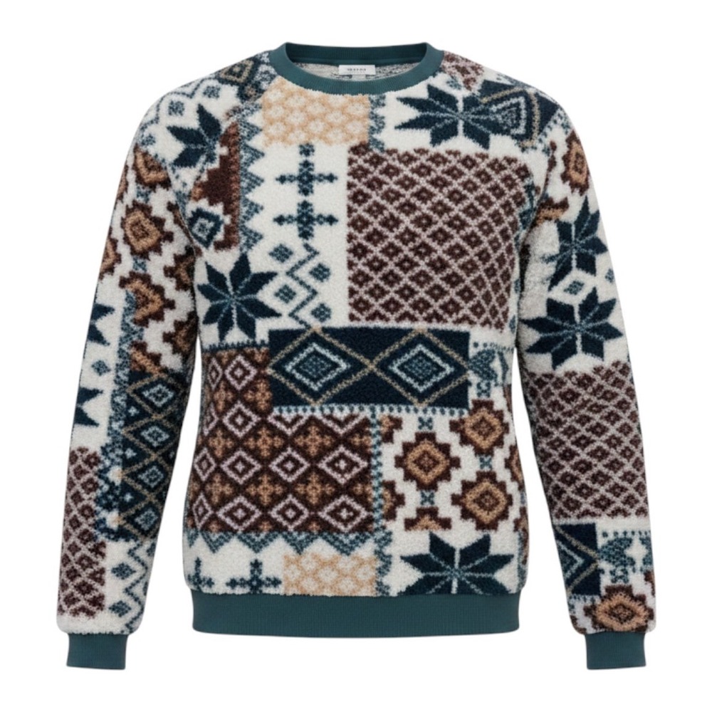 Urban Outfitters Mens Patchwork Fleece Crewneck Small Blue Brown Cabin Eclectic